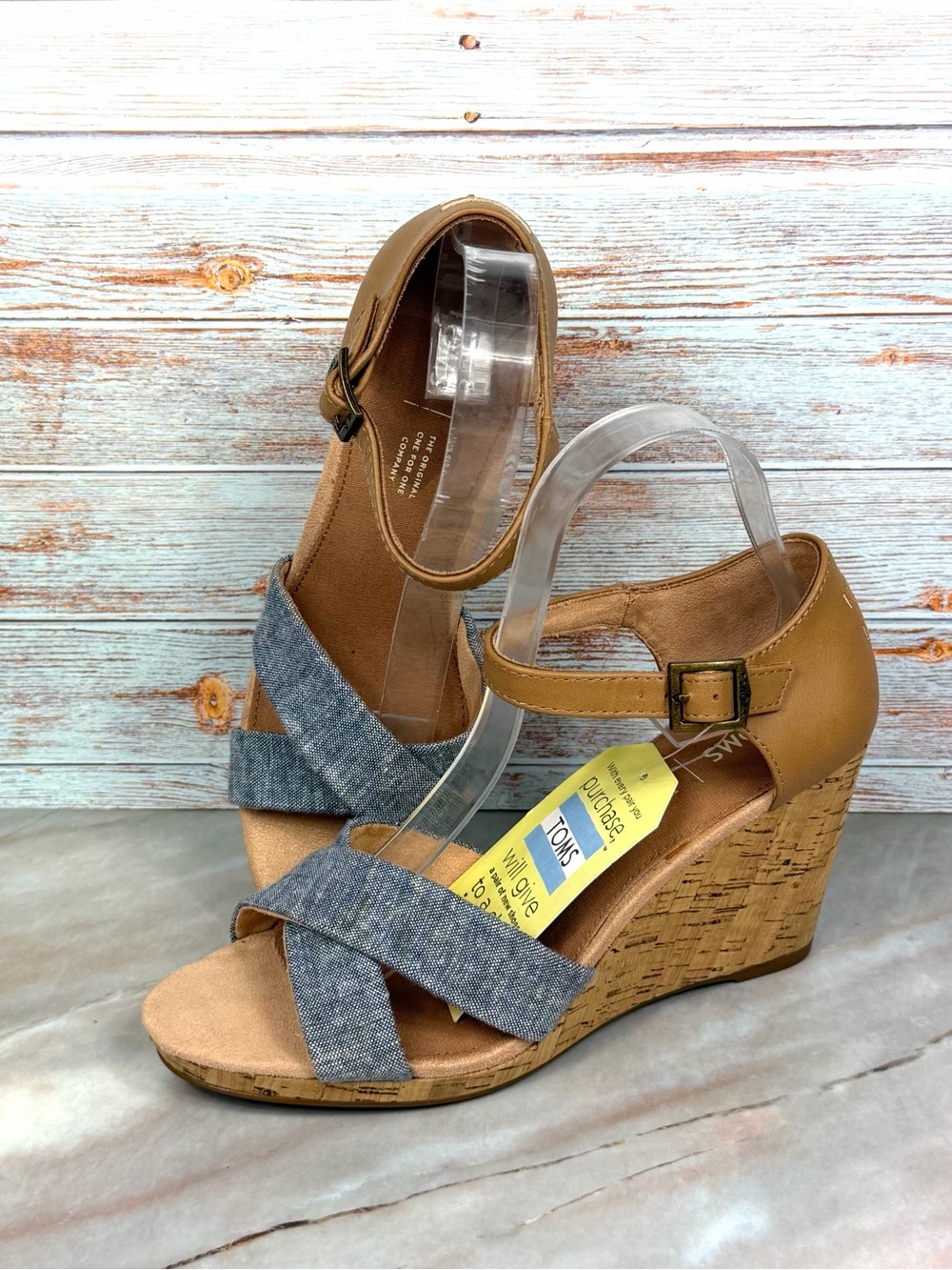 NEW TOMS Sienna Wedge Sandals Chambray Blue and Tan Cork Wedge Platform